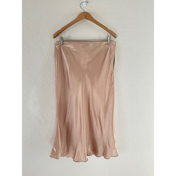 NICOLE MILLERWomen's NEW Gold Satin Lettuce Hem Midi Skirt Boho Luxe Size L
